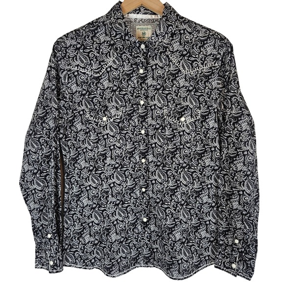 Panhandle Slim Tops - Panhandle‎ Rough Stock Black Paisley Long Sleeve Snap Shirt, women's M